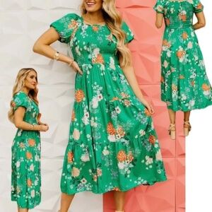 Green Floral Puff Sleeve Smocked Tiered Midi Cottagecore Dress Size L